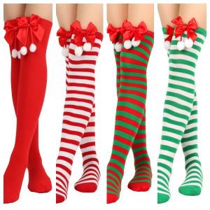 1 pair of girls teenagers bow Christmas socks ball socks knee high socks long stockings Christmas striped stockings