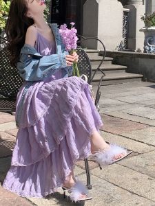French Pastel Purple Strap Dress Women Summer 2025 New High-End Feeling Beach Vacation Cake Skirt Chiffon Long Dress