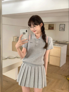 imimtuan | Bộ Áo Polo Và Chân Váy Knit Phong Cách Trường Học