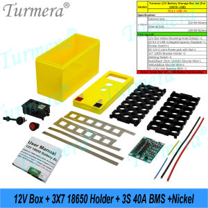 Turmera DIY 12V Battery Box with 3x7 18650 Holder 40A BMS Voltage Capacity Displayer Dual-Channel 2*USB 5V Power Bank Controllab