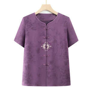 Summer Womens Short-Sleeved Shirt for the Elderly 70-Year-Old 80 Women round Neck Cardigan Ladieswear Embroidered Shirt Grandma Clothes
