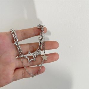 สร้อยคอรูปดาวห้าแฉกสีเงิน Y2K สำหรับผู้หญิงมีพู่ห้อยแบบพังก์สองชั้นสำหรับผู้หญิงสร้อยคอสูงหรู