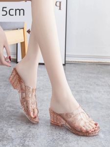 Plastic Crystal Wedge Slippers Women Summer Outdoor Bathroom Anti-Slip Odor-Resistant Thick Bottom Sandals Hollow out Korean Style