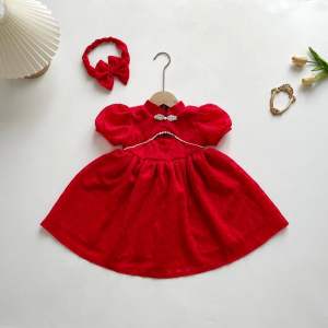 Váy Đỏ Ren Cổ Tàu Cho Bé Gái 4 - 18kg Tay Ngắn Xinh Xắn (V084)