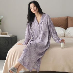 MiiOW | Pure Cotton Ladies Sleepwear Cardigan Shirt Collar Long Sleeve Long Dress Home Clothes Spring Autumn Summer For Young Women