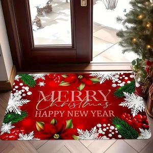 VIKAMA Poinsettia In Hình Giáng Sinh Vui Vẻ Năm Mới Thảm Cửa Chống Trơn Trượt Chào Mừng Thảm Cho Lối Vào Cửa Trước Trong Nhà Ngoài Trời Trang Trí