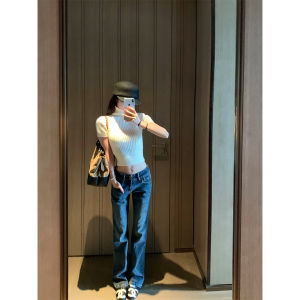 Deep Blue Micro Flared Washed Denim Jeans Women Slimming Versatile Casual Long Hot Girl Pants Low Waist Polyester Fabric