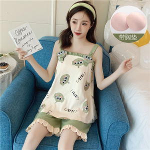 Pajamas Womens Summer Pure Cotton Cute Student Padded Strap Vest Shorts Princess Ins Suit Homewear