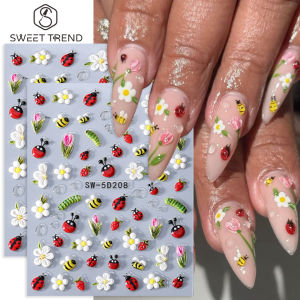 1/2pcs Embossed Nail Art Stickers Spring Summer Floral Bee Ladybug Insect Tulip Pattern Self Adhesive Nail Decals Manicure Decor