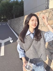 สีเทาเข้ม แขนกุด ผ้าถัก เสื้อกั๊ก ผู้หญิง ฤดูใบไม้ผลิ ฤดูใบไม้ร่วง ฤดูหนาว แจ๊กเก็ต เสื้อสเวตเตอร์ เสื้อเชิ้ตเลเยอร์ เสื้อกั๊กคลุมไหล่ คอวี ความยาวสั้น