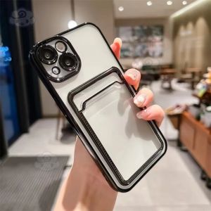 For iPhone 15 14 13 12 11 Pro Max Plus X XS Max XR 6 S 7 8 Plus Deluxe Plating Clear Card Holder Wallet Photo Pocket Silicone with Lens Protective Phone Case
