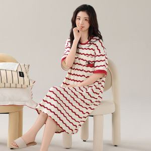 MiiOW | Pure Cotton Sleepwear Womens Loose Midi Dress Summer Thin Short Sleeve With Chest Pad Home Clothes Cartoon Style Round Neck