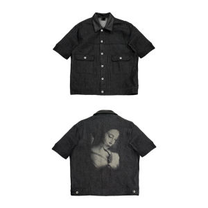 WANNA LAB Original Jeans Leather Collar Jacket for Men Laser Burned Flower Design Casual Outerwear Spring Autumn Winter