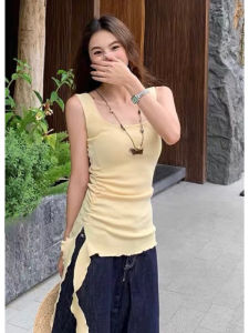 YUEZHONGWEI | เสื้อกั๊กแขนกุดถักสีเหลืองคอเหลี่ยมสำหรับผู้หญิงในช่วงฤดูร้อน เสื้อคลุมกันหนาวแบบไม่ซ้ำใครที่สวยงามและดูดี มีเข็มขัดตกแต่ง ผ้าคลุมไหล่ ผ้าคลุมไหล่