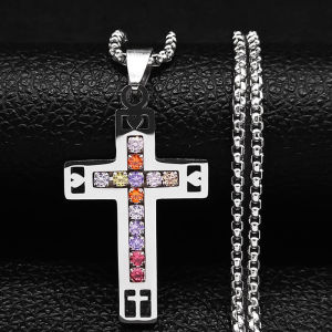 Catholic Jesus Cross Stainless Steel Necklace Saint Benedict Crystal Virgin Mary Pendant Crucifix Male Necklaces Jewelry cruz