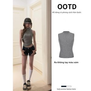 ZUKUN | Bộ Quần Short Jeans Thấp và Áo Không Tay Màu Xanh