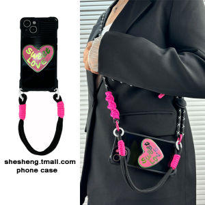 Luxury Red Laser Heart Phone Stand Crossbody Lanyard Compatible with Xiaomi 14/13/12 pro Mobile Phone Case Creative Protective Soft Silicone