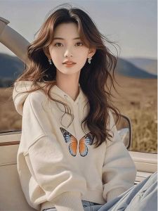 บูติก Outlet Lazy Loose Butterfly Print เสื้อฮู้ด ผู้หญิง เสื้อสเว็ตเชิ้ต ฤดูใบไม้ร่วง ฤดูหนาว ผ้าฝ้าย ลำลอง เดินทาง สไตล์เกาหลี