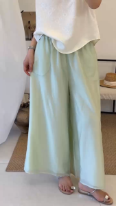Women New Chinese Style Lyocell Wide Leg Pants Oriental High Waist Elastic Waist Breathable Casual Trousers Light Green M