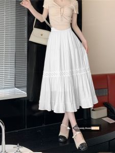 White A-Line Midi Skirt High Waist Womens New Autumn Fashion Commute Umbrella Skirt Half-length Skirt City Commute