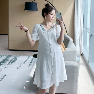 ชุดฤดูร้อนสำหรับหญิงตั้งครรภ์ชุดเดรสใส่ไปข้างนอกเสื้อแขนสั้นแฟชั่นสำหรับฤดูร้อนแบบใหม่ปี2024ชุดเดรสยาวคลุมเข่าที่นิยมในโลกออนไลน์