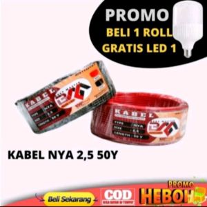 KABEL LISTRIK TEMBAGA kabel nya 2.5mm BEST MASTER  50YARD warna hitam dan merah tembaga  tunggal  PEMBELIAN 1 ROLL GRATIS 1 LAMPU LED 10WATT
