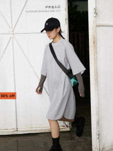 Quick Dry Deep Blue T-Shirt Dress Casual Comfortable Polyester Fiber Short Sleeve H Version mid Length Skirt round Neckline