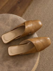 Retro Style Flat Bottom Leather Slippers Womens Summer Open Toe Comfortable Casual Slip-On Shoes Cotton Inner Sole Support