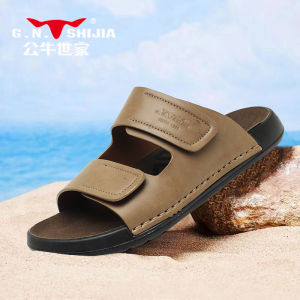 Bull Family Mens Summer Fashionable Outdoor Wear Anti-Odor High-End Trendy Leather Soft Bottom Single Strap Slippers