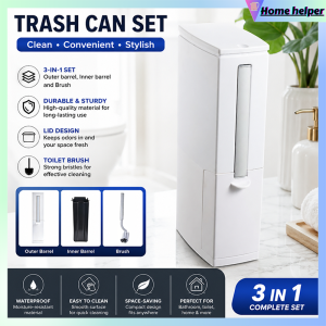 Space Saving Slim Trash Bin with Toilet Brush & Tissue Holder Plastic Waste Basket for Bathroom