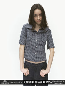 CountryMoment Pure Cotton Plaid Slim Fit Shirt Women Summer American Retro Waist Cinched Cuffed Shirt Straight Tube Type