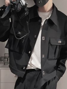 Cleanfit Mens Biker Jacket Shoulder Pads Short Style Spring Autumn High Street Trend Youth Popular Pure Color Flip Collar