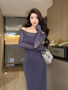 Plus Size French Entry Lux off-Shoulder Sequin Gauze Dress Female Elegant Silm Inner Suspender Bodycon Dress Suit