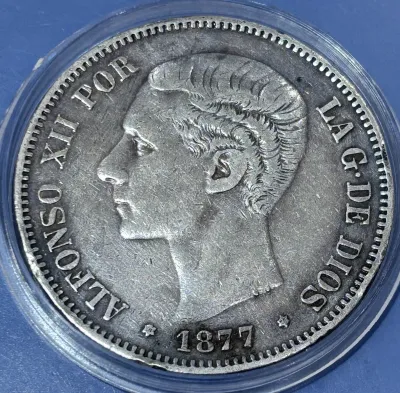 Year 1877 Spain Alfonso XII POR 5 Pesetas Silver Coin