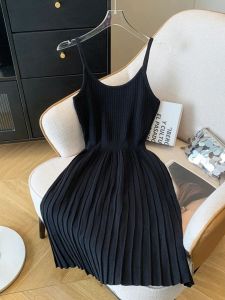 ชุดเดรสสั้นกระโปรงทรงเอเอวสูงผ่าหน้าด้านหลังแบบพับ ชุดเดรสฤดูร้อนสำหรับผู้หญิง สไตล์เกาหลี แขนกุด คอตั้ง สีพื้น