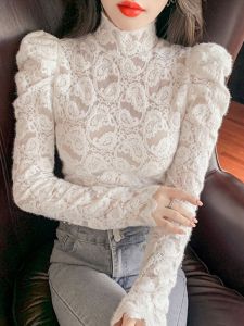 Stylish High-Neck Lace Underwear Shirt for Women Spring Autumn Winter New Fleece Thickened Slim Fit Bubble Sleeve Top