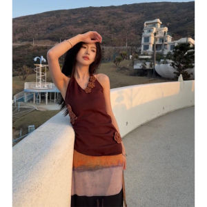 YUEZHONGWEI | French V-neck Knitted Strapless Vest Womens Summer Outdoor Wear Slim Fit Design Sleeveless Top Hanging Neck Strap Vest