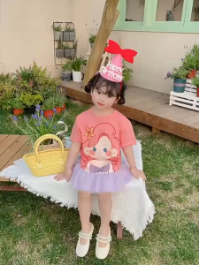 Girls Princess Tshirt & Dress Cartoon Print Netted Frilly Skirt with Loose Hem & T-Shirt for Kids Girl
