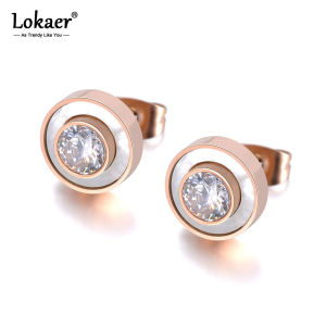 Lokaer Trendy Stainless Steel White Shell Stud Earrings Jewelry For Women Rose Gold Plated CZ Crystal Anniversary Earring E19029
