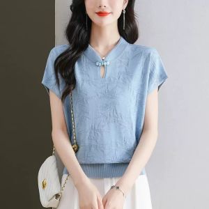 2024 New Ice Silk Knitted Short Sleeve T-Shirt Women Summer Versatile Hollow out Retro Cheongsam Top Korean Style Loose Fit