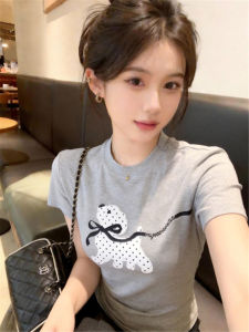 Dotted Dog Bowknot Print Short Sleeve T-Shirt Slim Fit Round Collar Versatile Top
