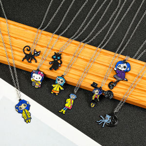 Coraline & Secret Door Pendant Necklace Gothic Anime Jewelry Unique Blue Hair Girl Figure Necklace for Fans