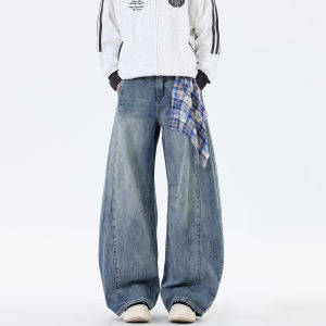 กางเกงยีนส์ทรงหลวมสไตล์อเมริกันสำหรับผู้ชาย ทรงเอวกลาง ทรงหลวม ทรงขาบาน กางเกงขายาวทรงสตรีท ผ้าเดนิม