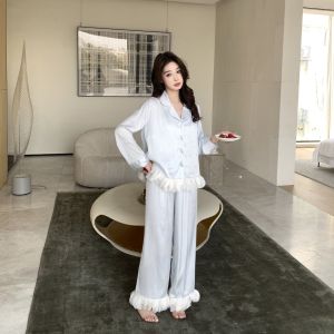 Princess Style Sleepwear Long Sleeve Long Pants Ice Silk Home Clothes Womens Outwear Genie Queen Spring Autumn New Arrival