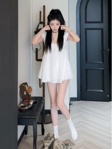 Váy Ngắn Thắt Eo Phong Cách Pháp Mùa Hè Cho Nữ Váy Trắng Trẻ Trung Thanh Lịch Váy Chữ a Cổ Tròn Không Tay