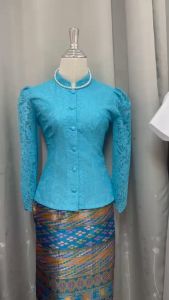 Elegant Thai-Japanese Style Lace Blouse with 3/4 Sleeves and Geometric Pattern - Thai Cultural Wear