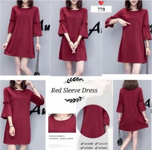●ECLAIRE● 063 Dress Mini Rami Lengan 3per4 Lengan Ruffle Terompet Imlek Lunar CNY Christmas Natal Xmas Kemerdekaan Maroon 779