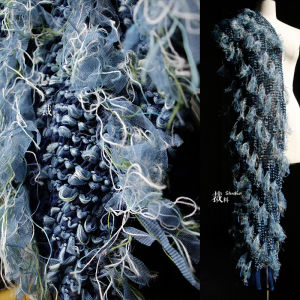Blue Tassel Weave Texture Fabric Designer Ethnic Style Clothing Material Chinese Vines And Stems Three Dimensional Fringe