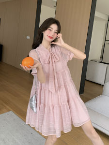 Pink Sash Butterfly Knot Summer New Style Womens Dress Cute  Loose Doll Skirt High Waist A-Line Midi Dress Korean Style