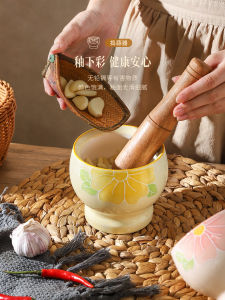 Hand-Painted Ceramic Garlic Crusher Kitchen Tool for Grinding Medicinal Herbs And Spices Traditional Stone Mortar And Pestle